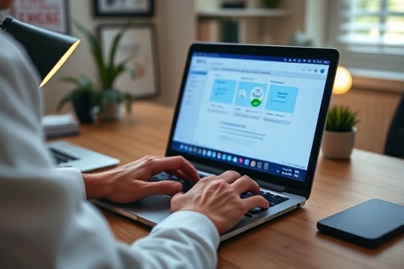 healthcare broker on call, proactive, typing, photorealistic, small home office with Connecticut coverage laptop screen, highly detailed, keyboard taps, ISO 200, f/2.0, calm desk lamp light, shot with a 35mm lens.