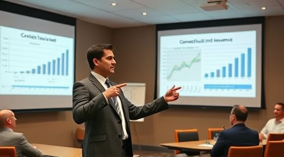 professional giving presentation, confident, pointing at chart, photorealistic, conference room with Connecticut insurance graphs projected, highly detailed, slide projector fan whirring, ISO 320, f/4.0, halogen lighting, shot with a 50mm lens.