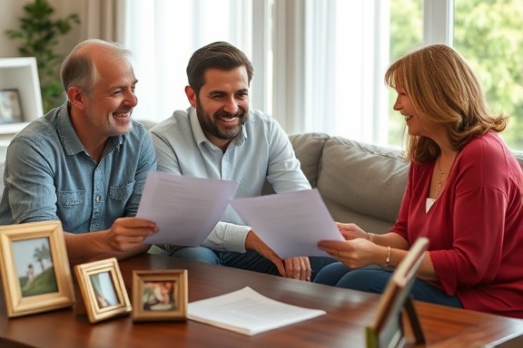 happy family discussing insurance, smiling, reviewing documents, photorealistic, cozy living room with Connecticut coverage forms on the table, highly detailed, picture frames gently rattling, ISO 200, f/2.0, natural afternoon lighting, shot with a 50mm lens.