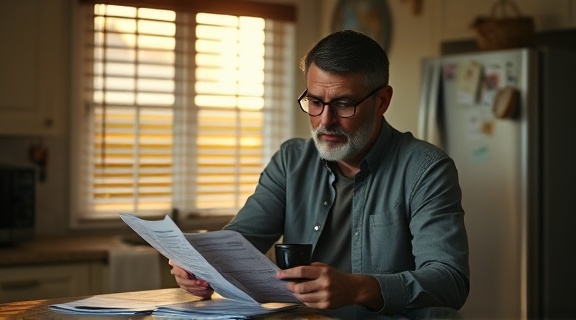 single dad reviewing policy, pensive, sipping coffee, photorealistic, kitchen counter with Connecticut policy sheets, highly detailed, refrigerator humming, ISO 640, f/3.0, sunrise light filtering through blinds, shot with a 35mm lens.