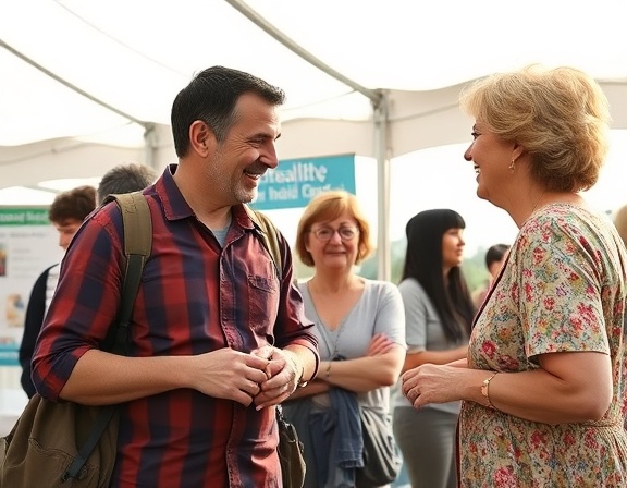 family at community health fair, exploring, conversing animatedly, photorealistic, outdoor tent with Connecticut healthcare stalls, highly detailed, distant chatter, ISO 800, f/3.5, bright afternoon sunshine, shot with a 28mm lens.