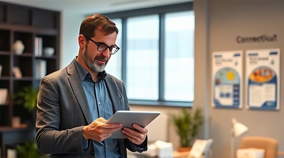 agent explaining policy options, enthusiastic, using a tablet, photorealistic, modern office with Connecticut plans posters on the walls, highly detailed, papers rustling, ISO 400, f/5.6, soft ambient lighting, shot with a 24mm lens.