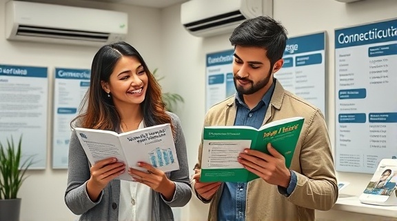young couple exploring plan options, eager, holding brochures, photorealistic, insurance office with Connecticut coverage displays, highly detailed, air conditioning hum, ISO 250, f/3.2, balanced natural lighting, shot with a 24mm lens.