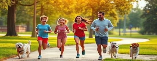 supportive health family, hopeful, jogging together, photorealistic, suburban park with children and pets, highly detailed, dynamic motion, vibrant colors, morning light, shot with a 24-70mm lens.