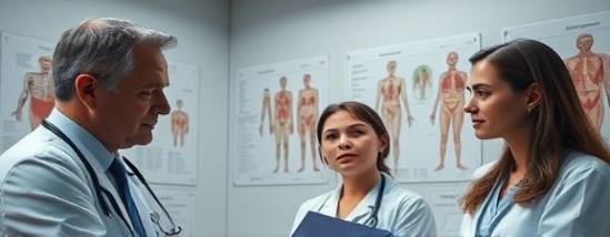 attentive medical family, focused, consulting with a doctor, photorealistic, clinic examination room with anatomical charts, highly detailed, facial expressions, soft shadows, muted colors, florescent lighting, shot with an 85mm lens.