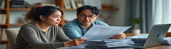 content policy family, thoughtful, reviewing contract terms, photorealistic, home office with stack of papers and a laptop, highly detailed, document details visible, neutral colors, diffuse lighting, shot with a 35mm lens.