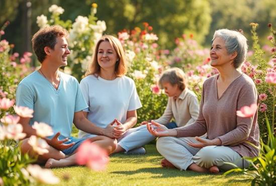 peaceful healthcare family, relaxed, meditating together, photorealistic, serene garden with blooming flowers, highly detailed, gentle breeze effects, pastel colors, diffused sunlight, shot with a 50mm lens.