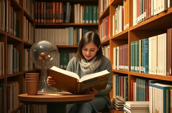 curious health family, inquisitive, reading health books, photorealistic, library corner with wooden shelves and books, highly detailed, text legibility, earthy colors, soft ambient light, shot with a 24mm lens.