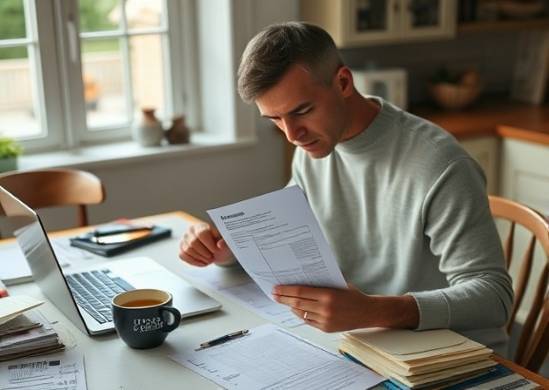 organized Connecticut forms, meticulous expression, double-checking documents, photorealistic, on a cluttered kitchen table with a laptop and cup of coffee, highly detailed, rustling paper sound, shot with a Sony A7R IV with a 85mm f/1.4 lens, neutral colors, soft afternoon light