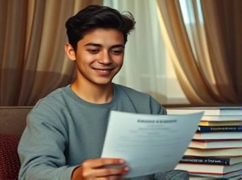 serene Connecticut admissions, confident smile, reviewing acceptance letter, photorealistic, in a cozy room with a pile of textbooks, highly detailed, gently swaying curtains, shot with a Leica Summilux 35mm f/1.4 lens, warm earth tones, golden hour lighting