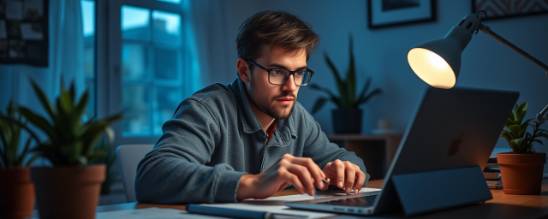 eager Connecticut application, ambitious gaze, completing online submission, photorealistic, at a home study desk with potted plants and a tablet, highly detailed, faint keyboard clicks, shot with an iPhone 13 Pro Max lens, cool blue hues, late evening lighting