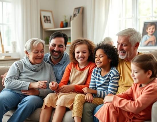 diverse Medicaid family, expressing joy and relief, sitting together on a sofa, photorealistic, comfortable living room with family photos in the background, highly detailed, slight movement as children play, focus on facial expressions, vibrant colors, natural sunlight filtering through curtains, shot with a 35mm lens