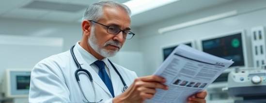 dedicated Medicaid doctor, intensely focused, reviewing a patient file, photorealistic, modern clinic with advanced medical equipment, highly detailed, soft hum of machines in the background, crisp and clear, neutral colors, fluorescent lighting, shot with a 85mm lens