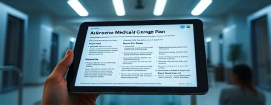 comprehensive Medicaid coverage plan, informative layout, displayed on a digital tablet screen, photorealistic, professional office setting with subtle reflections on glass surfaces, highly detailed, smooth scrolling animation, high-resolution clarity, muted blue tones, overhead LED lighting, shot with a macro lens