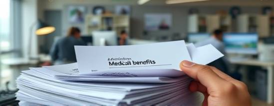 administrative Medicaid benefits paperwork, neatly organized, being sifted through by a hand, photorealistic, in a bustling office with a computer workstation nearby, highly detailed, papers rustling gently, high contrast for readability, neutral colors, desk lamp lighting, shot with a 70-200mm zoom lens