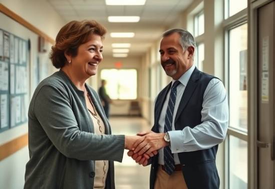 content Medicaid beneficiary, showing gratitude, shaking hands with an official, photorealistic, community center hallway with bulletin boards, highly detailed, slight motion blur from handshake, vibrant yet professional, soft daylight entering through windows, shot with a 24mm lens