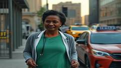 reassured Medicaid patient, full of hope, leaving a clinic, photorealistic, in a bustling urban environment with taxis passing by, highly detailed, moving with a light step, urban color palette, evening light casting long shadows, shot with a 28mm lens