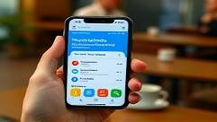 digital Medicaid benefits application, user-focused design, displayed on a smartphone, photorealistic, in a consumer’s hand against a cafe table backdrop, highly detailed, app animations showing, vivid screen colors, softly diffused cafe lighting, shot with a close-up lens