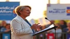 compassionate Medicaid advocate, passionately speaking, at a community event, photorealistic, outdoor setting with banners and audience, highly detailed, crowd gently responds, warm and inviting colors, golden hour sunlight shading, shot with a 50mm lens