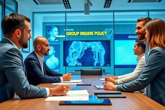 group insurance policy, optimistic, discussing terms, photorealistic, modern office meeting room with digital displays, highly detailed, colleagues interacting, f/2.8, bright colors, natural lighting, shot with a 24-70mm lens
