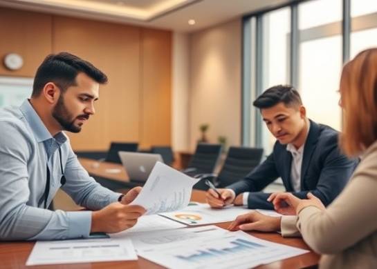 employee benefits discussion, focused, reviewing documents, photorealistic, conference room with graphs and charts, highly detailed, team collaboration, ISO 200, warm tones, soft lighting, shot with a 85mm lens