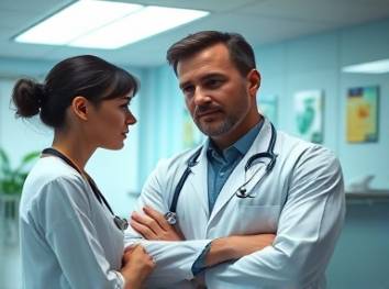comprehensive healthcare plan, thoughtful, evaluating choices, photorealistic, hospital administration office with posters, highly detailed, decision-making process, f/4.0, pastel colors, cool lighting, shot with a 35mm lens