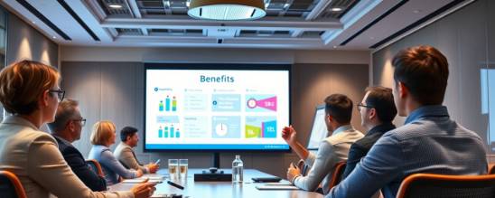 benefits presentation, engaged, presenting to team, photorealistic, corporate boardroom with presentation screen, highly detailed, engaging visuals, f/1.8, vibrant colors, spotlight lighting, shot with a 70-200mm lens