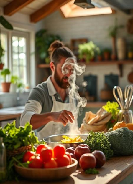 nutritional meal planning, focused, preparing fresh ingredients, photorealistic, spacious kitchen with natural decor, highly detailed, steam rising and vivid textures, warm colors, sunlight streaming in, shot with a macro lens.
