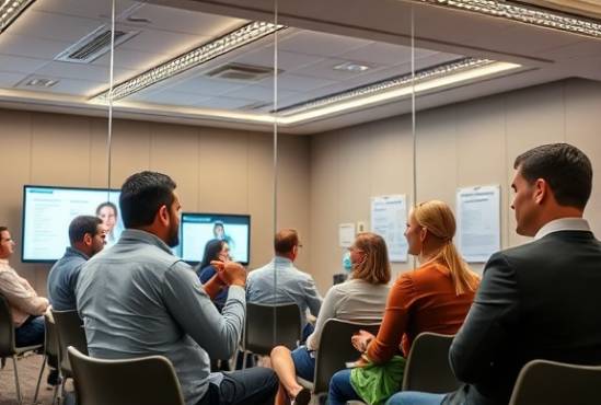 educational seminar setting, engaged, discussing health topics, photorealistic, conference room with digital screens and informative posters, highly detailed, dynamic interactions and gesturing, calm hues, overhead fluorescent lighting, shot with a zoom lens.