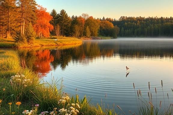 tranquil countryside retreat, relaxed, meditating by a lake, photorealistic, serene lakeside surrounded by wildflowers and trees, highly detailed, gentle wind creating ripples on the water, pastel colors, evening golden light, shot with an ultra-wide lens.