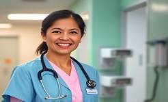 smiling healthcare provider, reassuring, explaining Connecticut exchange benefits, photorealistic, hospital room with patient charts and medical equipment visible, highly detailed, professional attire and sincere expressions, high resolution, soft pastel colors, warm overhead lighting, shot with an 85mm lens.