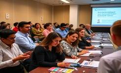 diverse group of people, curious, attending a seminar on health benefits exchange, photorealistic, conference room with a projector screen and brochures on tables, highly detailed, attendees taking notes and engaging with speakers, high resolution, dynamic contrast colors, ambient lighting, shot with a 35mm lens.