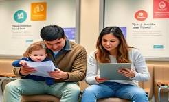 couple with child, relieved, enrolling in Connecticut's healthcare exchange program, photorealistic, modern health center with posters about benefits, highly detailed, child playing with a toy while parents fill forms, high resolution, warm neutral colors, diffused overhead lighting, shot with a 24mm lens.