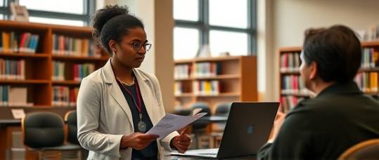 community health worker, dedicated, offering information on Connecticut healthcare exchange, photorealistic, public library setup with pamphlets and laptops, highly detailed, engaging conversation in a quiet informative environment, high resolution, earthy tones, natural light through windows, shot with a 50mm lens.