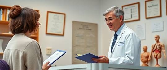 family physician, knowledgeable, presenting exchange benefits to patients, photorealistic, clinic office with diplomas and anatomical models, highly detailed, interactive and educational setup, high resolution, inviting color palette, bright task lighting, shot with an 85mm lens.