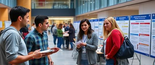 college students, enthusiastic, learning about health benefits exchange, photorealistic, university campus common area with posters and tables set up, highly detailed, engaged conversations and note-taking, high resolution, vibrant and diverse colors, student-friendly lighting, shot with a 35mm lens.
